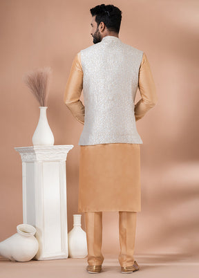3 Pc Brown Silk Kurta Pajama with Jacket Set