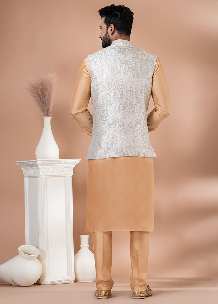 3 Pc Brown Silk Kurta Pajama with Jacket Set