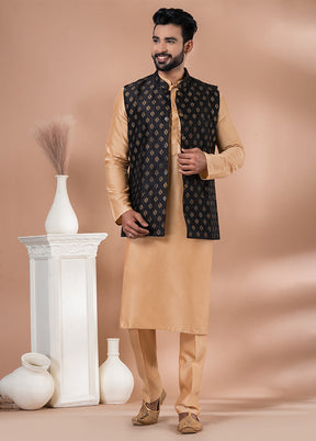 3 Pc Brown Silk Kurta Pajama with Jacket Set