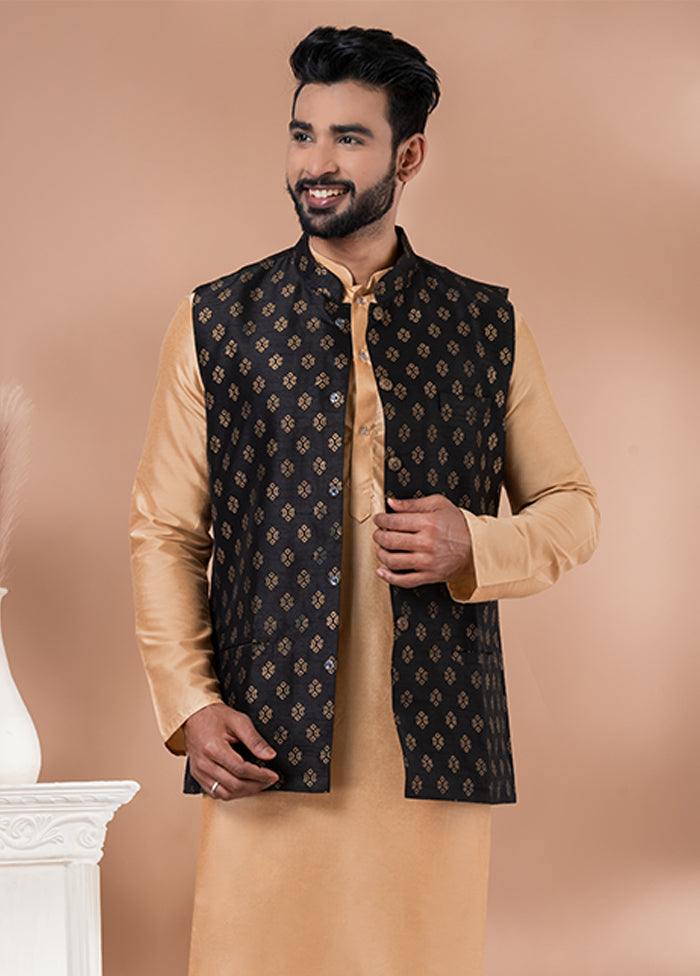 3 Pc Brown Silk Kurta Pajama with Jacket Set