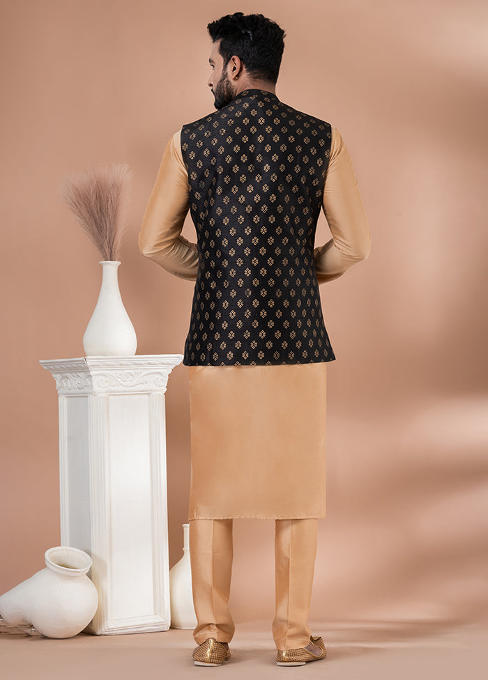 3 Pc Brown Silk Kurta Pajama with Jacket Set