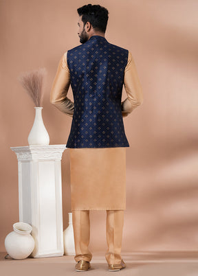 3 Pc Brown Silk Kurta Pajama with Jacket Set
