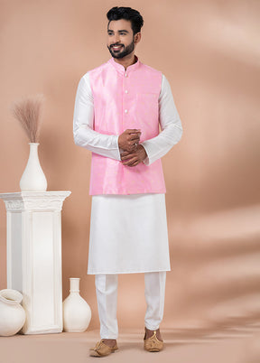 3 Pc White Silk Kurta Pajama with Jacket Set