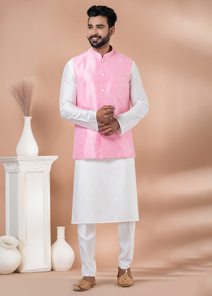 3 Pc White Silk Kurta Pajama with Jacket Set