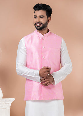 3 Pc White Silk Kurta Pajama with Jacket Set