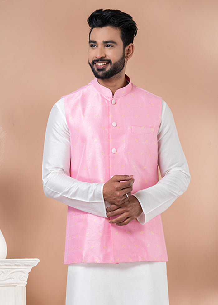 3 Pc White Silk Kurta Pajama with Jacket Set