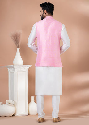 3 Pc White Silk Kurta Pajama with Jacket Set