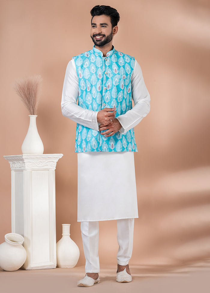 3 Pc White Silk Kurta Pajama with Jacket Set