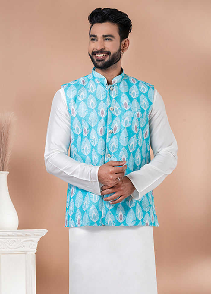 3 Pc White Silk Kurta Pajama with Jacket Set