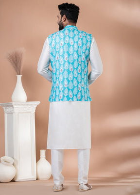 3 Pc White Silk Kurta Pajama with Jacket Set