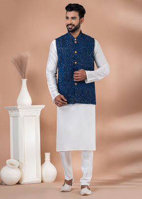 3 Pc White Viscose Kurta Pajama with Jacket Set