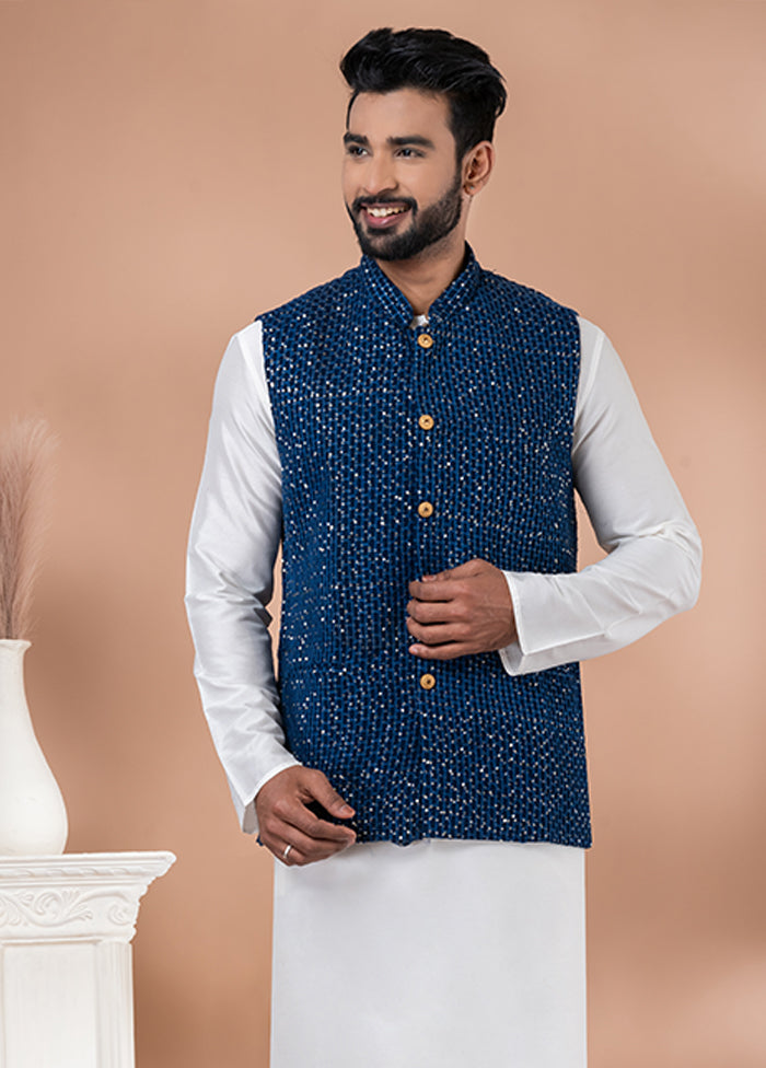 3 Pc White Viscose Kurta Pajama with Jacket Set