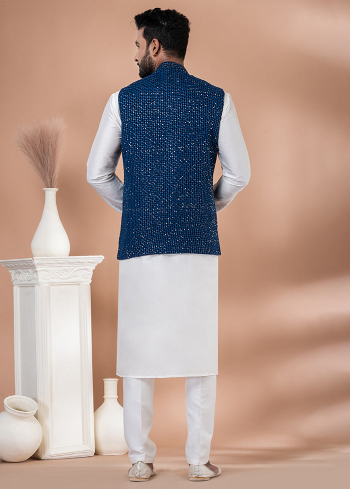 3 Pc White Viscose Kurta Pajama with Jacket Set