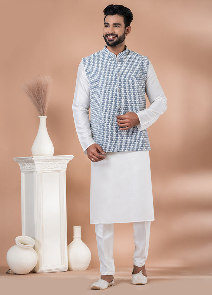 3 Pc White Georgette Kurta Pajama with Jacket Set