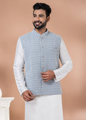 3 Pc White Georgette Kurta Pajama with Jacket Set