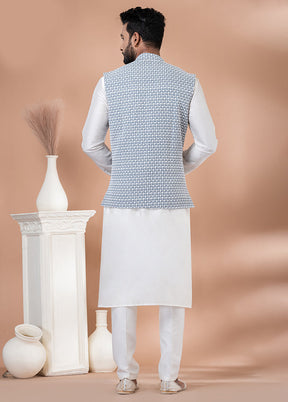 3 Pc White Georgette Kurta Pajama with Jacket Set