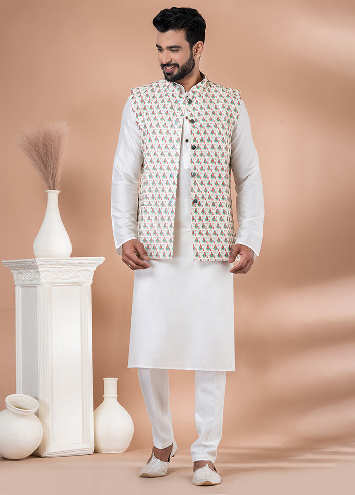 3 Pc White Silk Kurta Pajama with Jacket Set