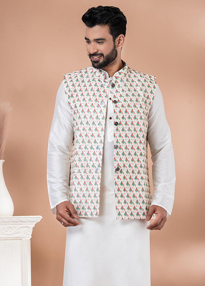 3 Pc White Silk Kurta Pajama with Jacket Set