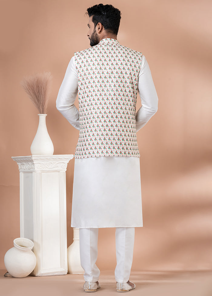 3 Pc White Silk Kurta Pajama with Jacket Set