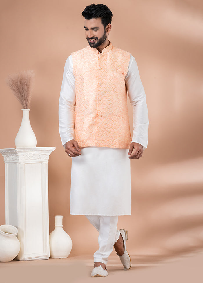3 Pc White Silk Kurta Pajama with Jacket Set