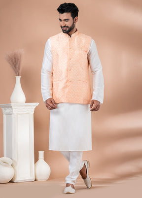 3 Pc White Silk Kurta Pajama with Jacket Set