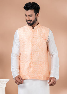 3 Pc White Silk Kurta Pajama with Jacket Set