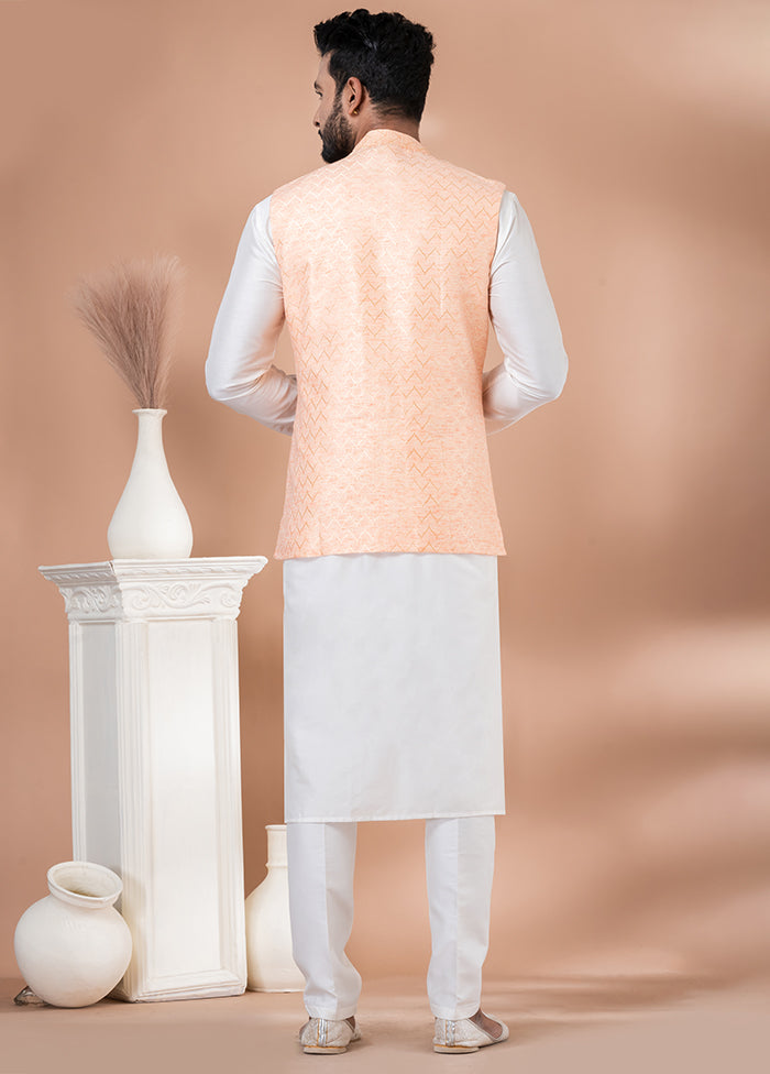 3 Pc White Silk Kurta Pajama with Jacket Set