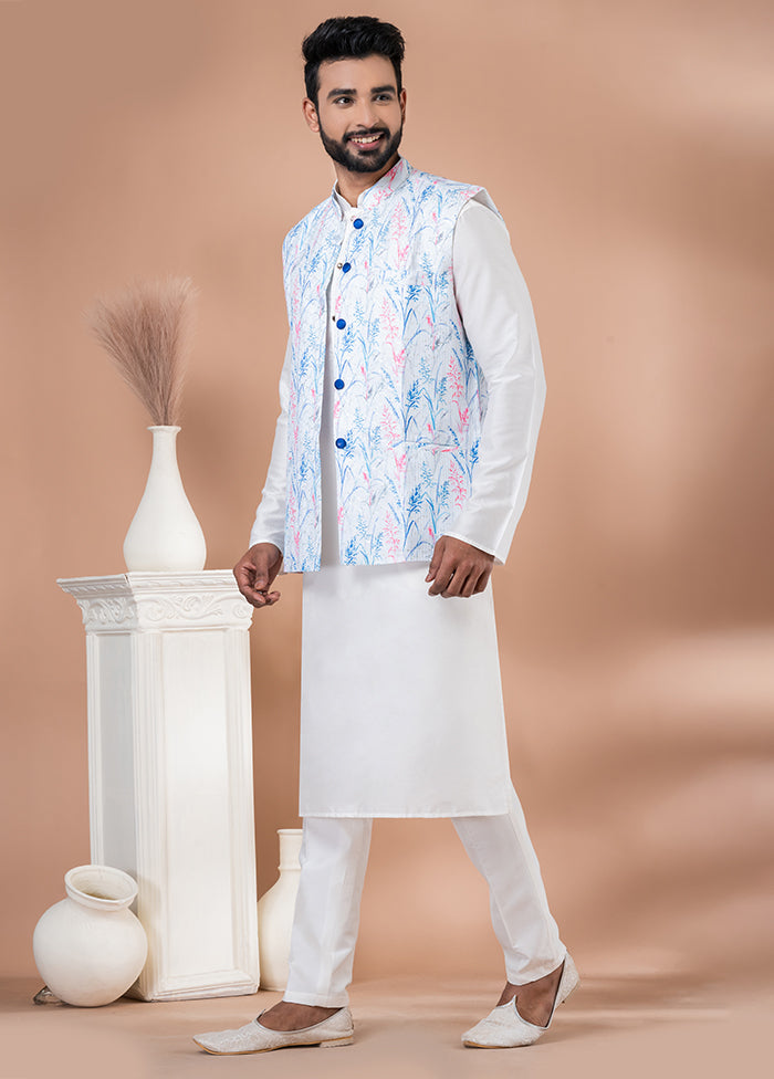 3 Pc White Silk Kurta Pajama with Jacket Set