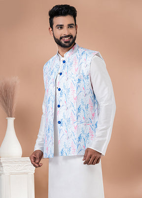 3 Pc White Silk Kurta Pajama with Jacket Set