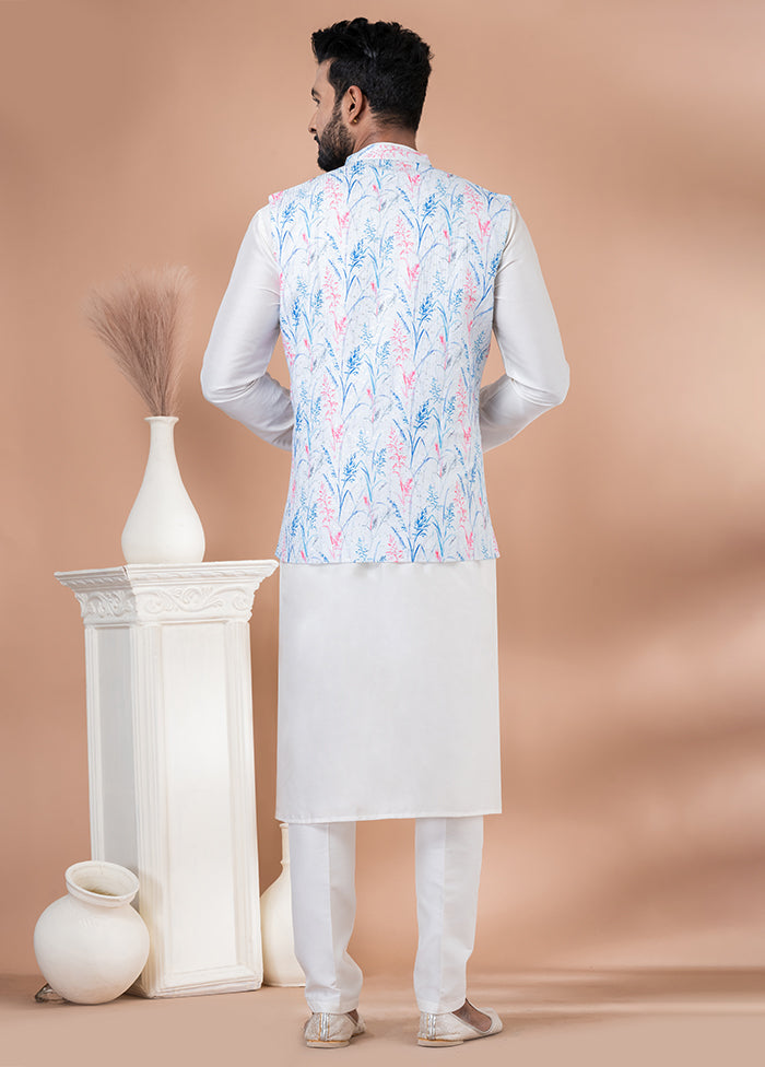 3 Pc White Silk Kurta Pajama with Jacket Set