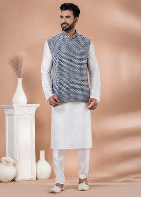 3 Pc White Georgette Kurta Pajama with Jacket Set