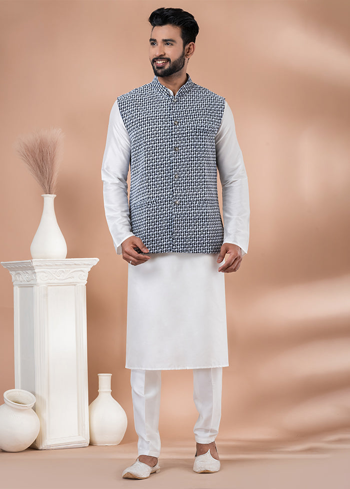 3 Pc White Georgette Kurta Pajama with Jacket Set