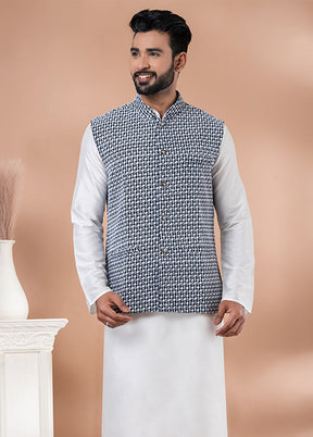 3 Pc White Georgette Kurta Pajama with Jacket Set