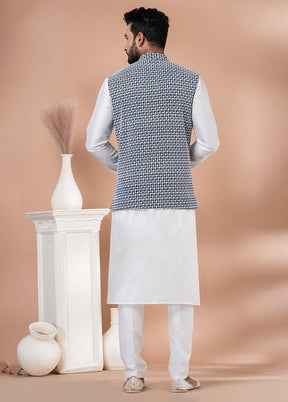 3 Pc White Georgette Kurta Pajama with Jacket Set