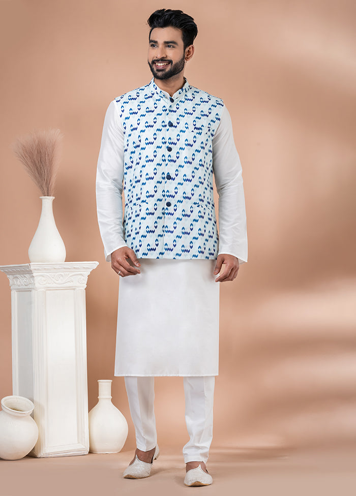 3 Pc White Cotton Kurta Pajama with Jacket Set