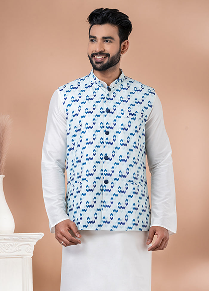 3 Pc White Cotton Kurta Pajama with Jacket Set