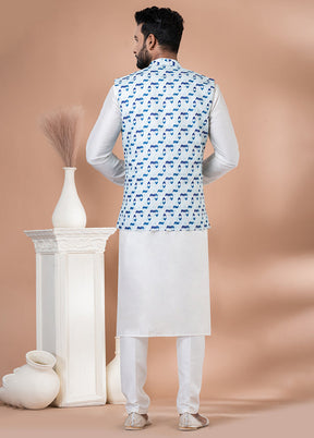 3 Pc White Cotton Kurta Pajama with Jacket Set
