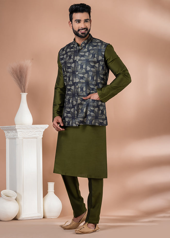 3 Pc Green Cotton Kurta Pajama with Jacket Set