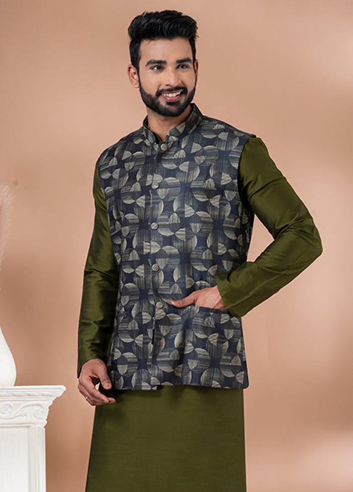 3 Pc Green Cotton Kurta Pajama with Jacket Set