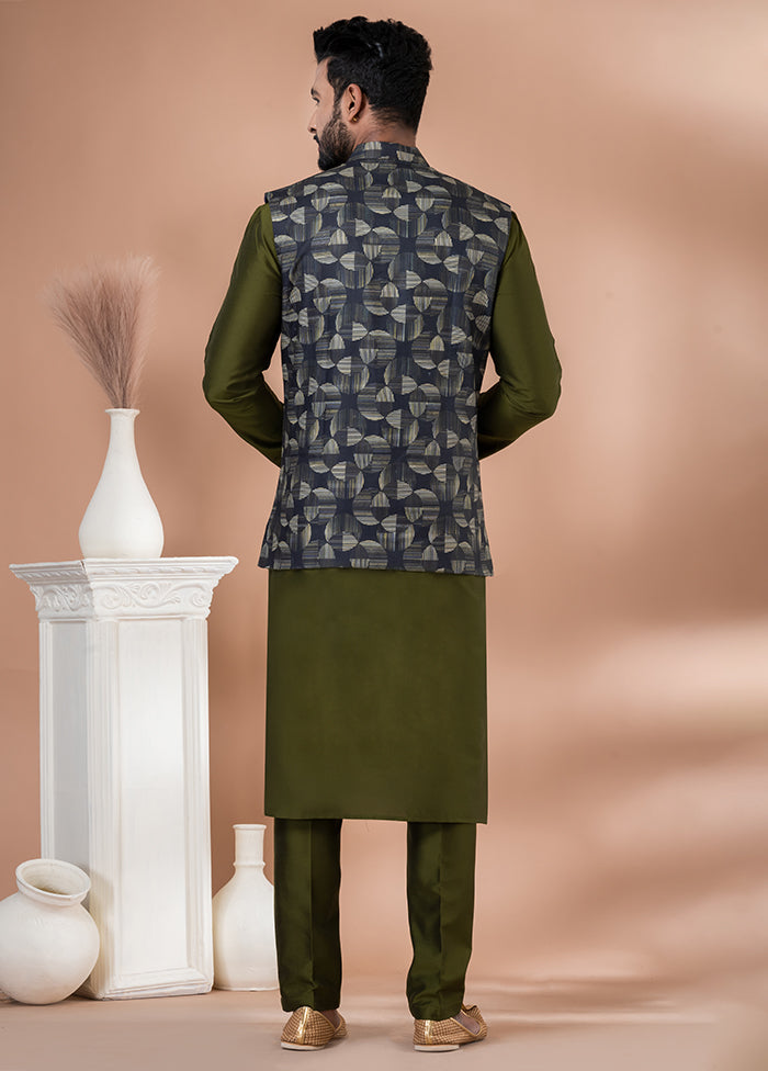 3 Pc Green Cotton Kurta Pajama with Jacket Set