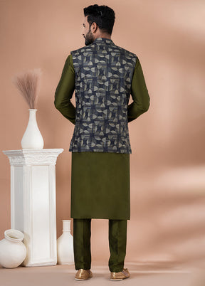 3 Pc Green Cotton Kurta Pajama with Jacket Set