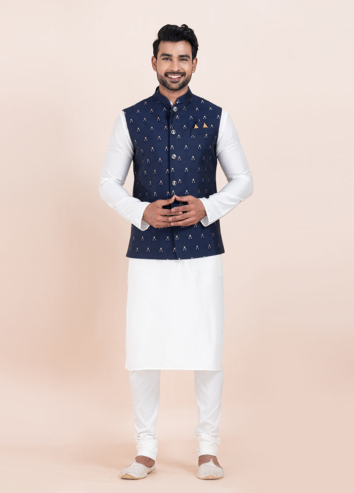 3 Pc White Cotton Kurta Pajama with Jacket Set