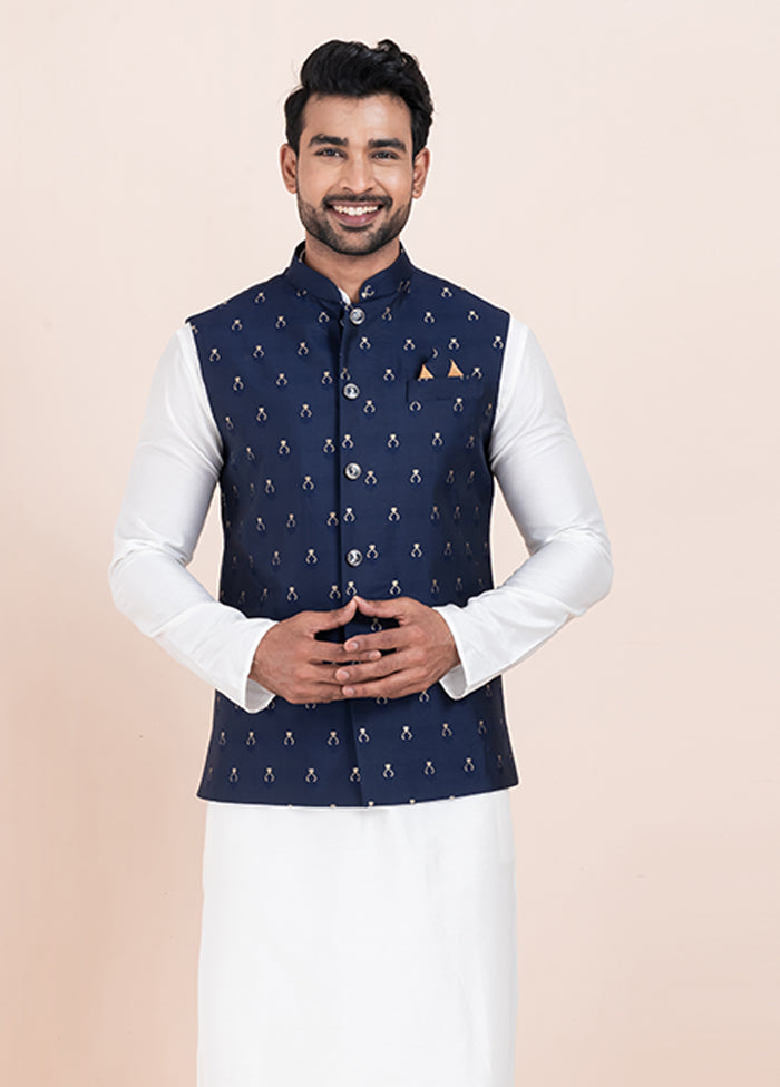 3 Pc White Cotton Kurta Pajama with Jacket Set