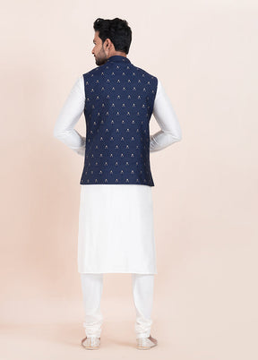 3 Pc White Cotton Kurta Pajama with Jacket Set