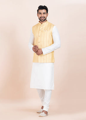 3 Pc White Cotton Kurta Pajama with Jacket Set