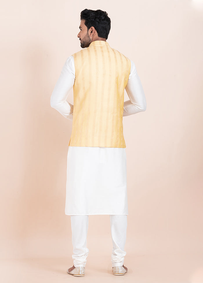 3 Pc White Cotton Kurta Pajama with Jacket Set