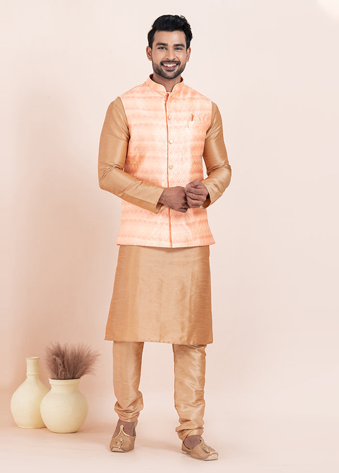 3 Pc Brown Cotton Kurta Pajama with Jacket Set