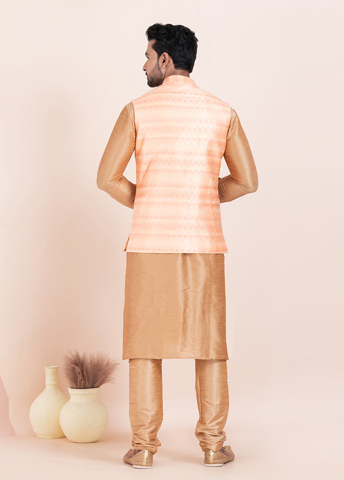 3 Pc Brown Cotton Kurta Pajama with Jacket Set