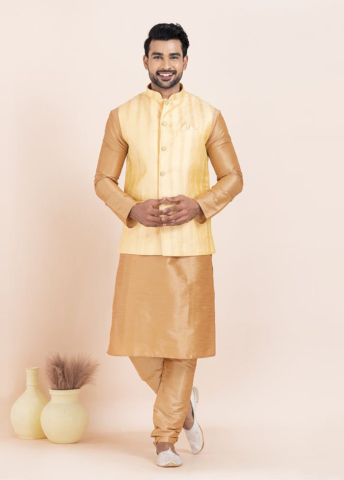 3 Pc Brown Cotton Kurta Pajama with Jacket Set
