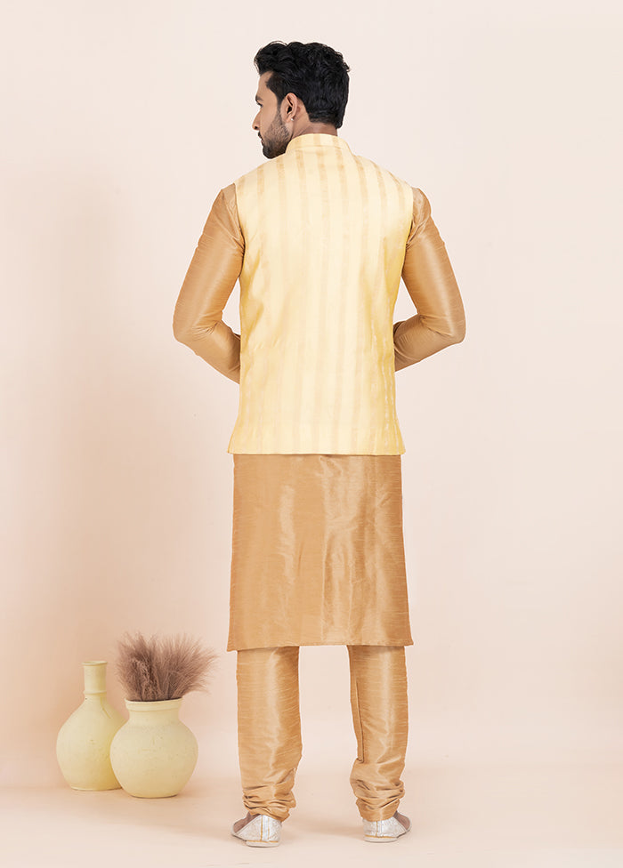 3 Pc Brown Cotton Kurta Pajama with Jacket Set